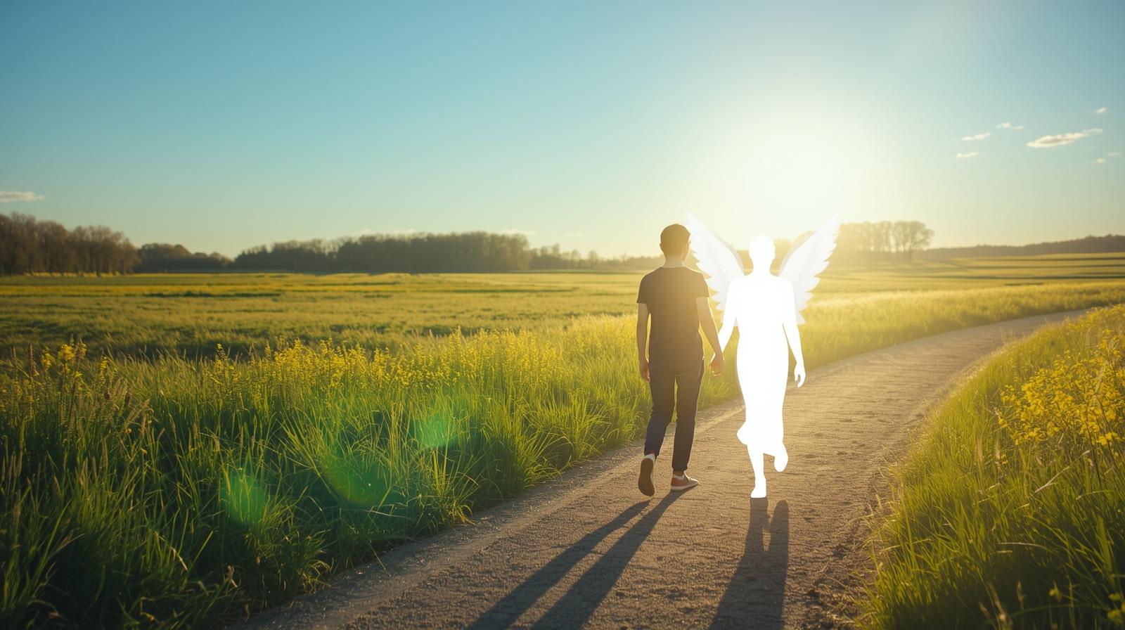 image d'un homme marchant sur un chemin vers le soleil couchant, tenant un ange par la main.