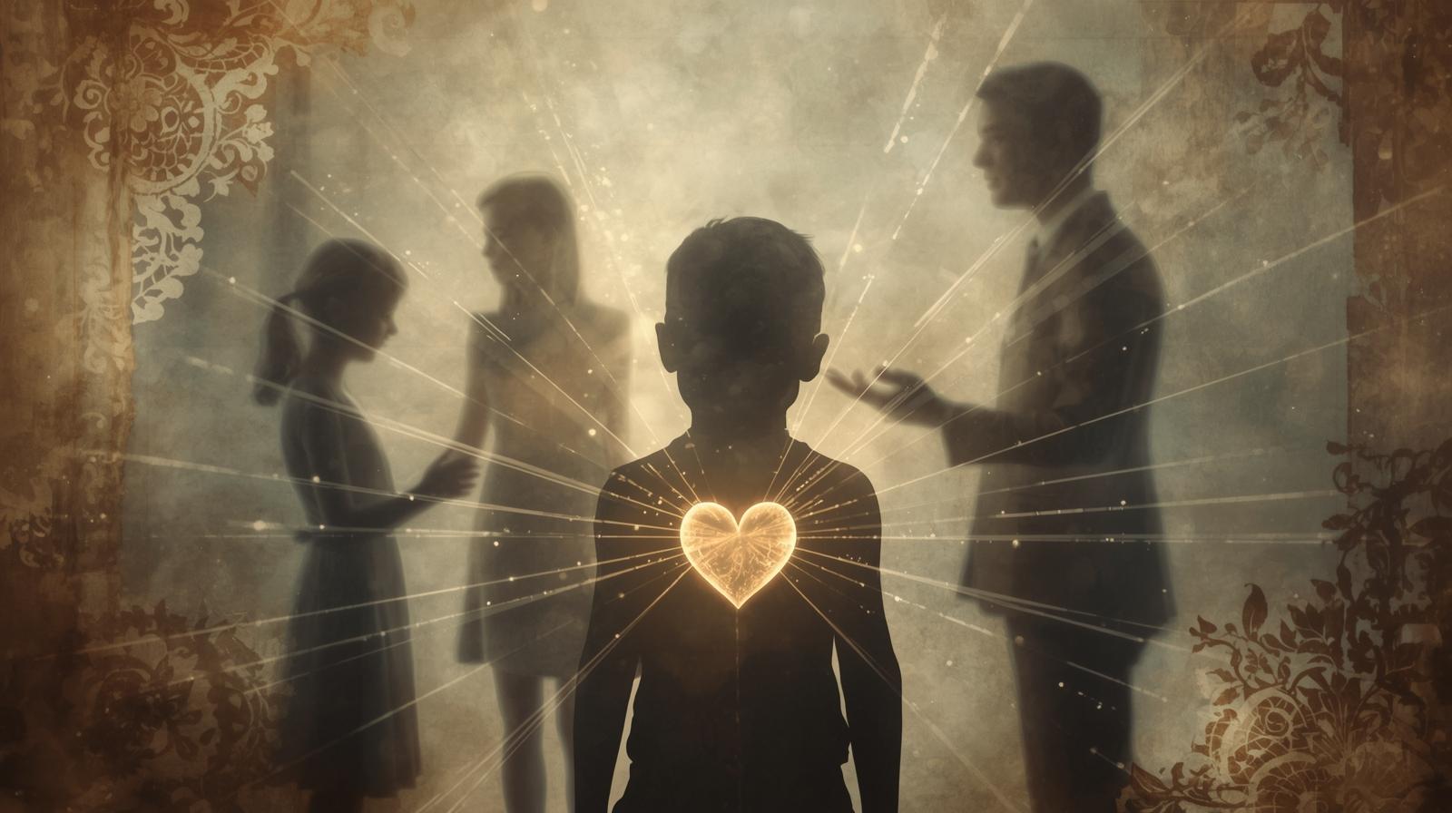 Enfant relié à sa famille par des fils lumineux