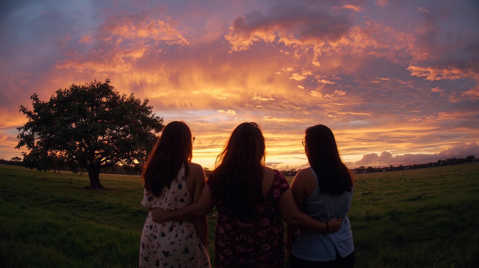 image de trois femmes, de dos, qui regardent vers un levé de soleil, un pommier est sur leur gauche.